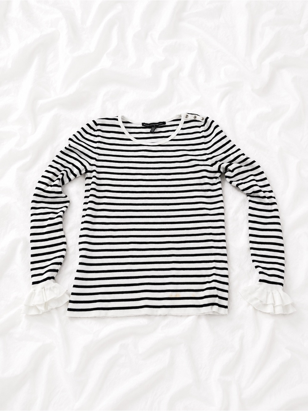 White House Black Market Black & White Striped Ruffle Cuff Long Sleeve Top